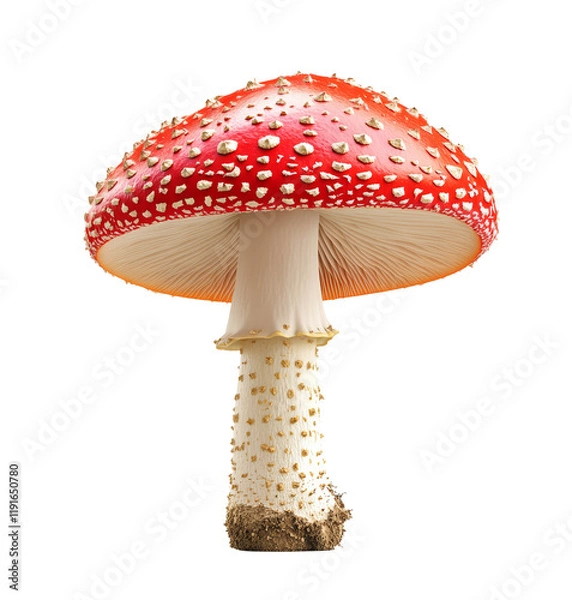 Fototapeta : Red-capped fly agaric mushroom with noticeable white spots isolated on transparent background.