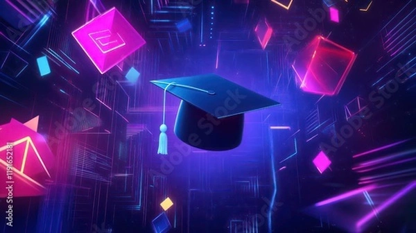 Fototapeta Graduation cap floats in vibrant, abstract digital space.