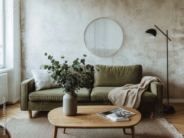 Fototapeta A living room with a green couch, a coffee table, a vase, and a mirror