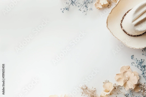 Fototapeta Flat lay background with cowboy hat and dried flowers in neutral tones. Top view.