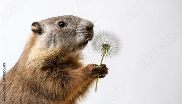Fototapeta a curious groundhog examines a delicate dandelion seed puff against a bright white background
