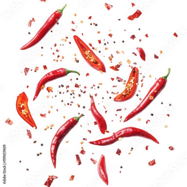 Fototapeta n artistic arrangement of red chili peppers and crushed chili flakes scattered on a white background. showcasing the vibrant colors and textures of the ingredients this composition emphasizes culinary