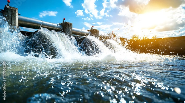 Fototapeta river with hydroelectric dam, flowing water, and sunlight reflecting on surface creates serene and powerful scene
