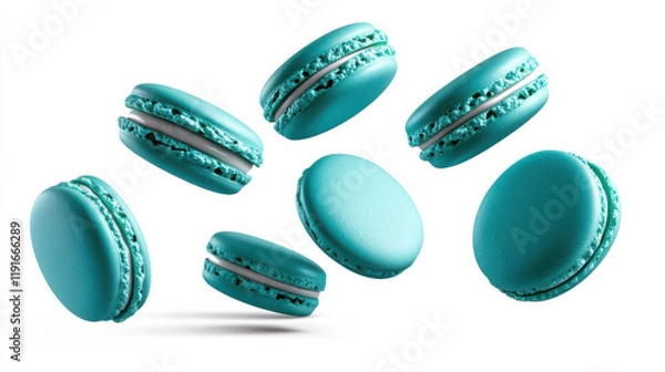 Fototapeta Vibrant teal macarons, artistically arranged in mid-air, their smooth surfaces and delicate details illuminated with a soft glow. The crisp white background creates a clean