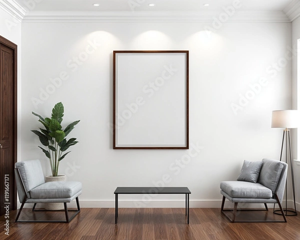 Fototapeta Mockup poster frame on the wall of hall. A stylish reading nook in beige colors