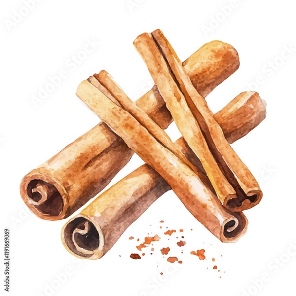 Fototapeta A watercolor painting of a cinnamon stick, isolated on a white background. Cinnamon vector.
