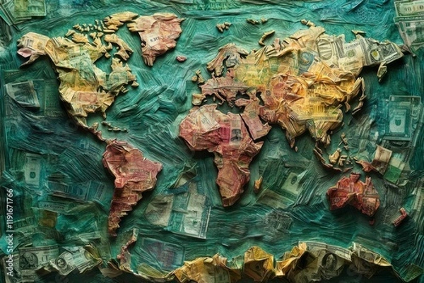 Obraz Map crafted from various currencies showcases global geography through artistic representation of continents and countries using banknotes