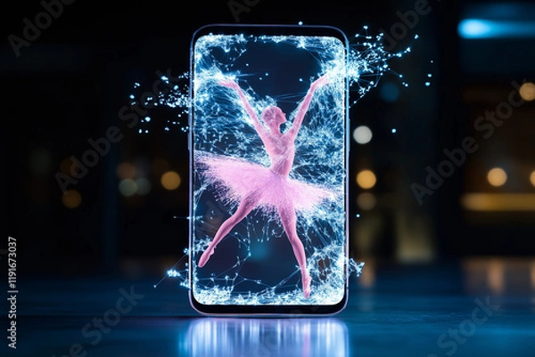 Obraz Smartphone showing a holographic ballerina dancing inside the screen with a futuristic connections effect, perfect for technology and art concepts.