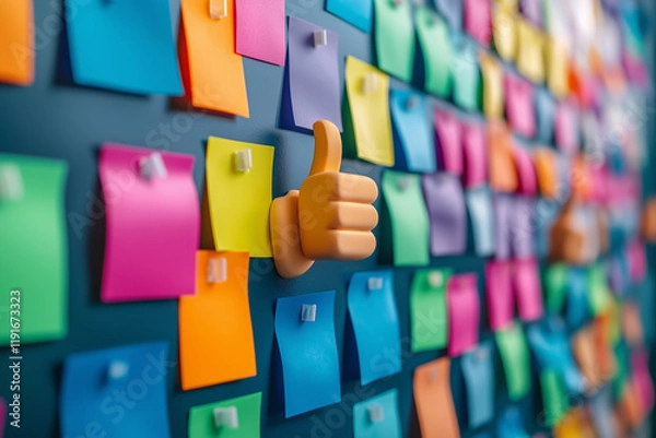Obraz 3d rendering of a thumbs-up emoji surrounded by colorful sticky notes on an office wall, symbolizing positive feedback and success.