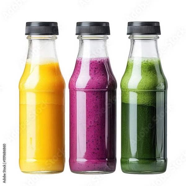 Fototapeta three glass bottles filled with vibrant juices. showcasing a yellow. purple. and green drink the bottles have black caps and are arranged closely together. emphasizing their colorful contents. which s