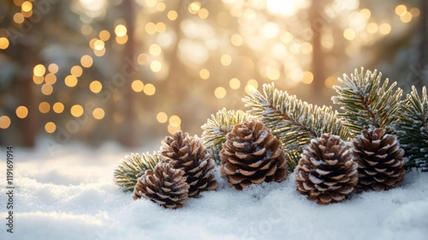 Fototapeta A serene winter landscape with sparkling snow, delicate pine tree branches, pine cones, and soft glittering lights in the background, creating a peaceful, festive atmosphere for the holiday season

