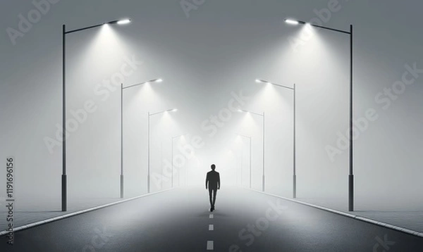 Fototapeta Foggy road, lone figure, illuminated path.