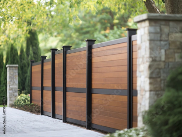 Obraz A Charming Wooden Fence with Sleek Black Metal Accents and a Gate, Elegantly Framed by Sturdy Stone Pillars for Enhanced Security and Style.