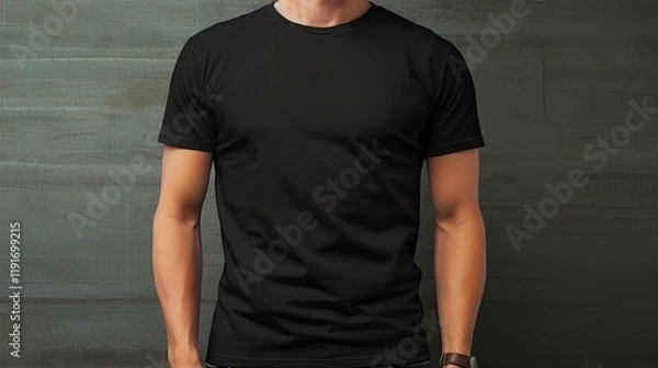 Fototapeta A man is wearing a black shirt and standing in front of a wall