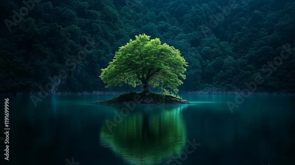 Fototapeta Serene Green Tree on Island in Reflective Lake