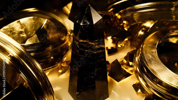 Fototapeta A polished obsidian obelisk surrounded by golden metallic rings, illuminated with soft, diffused light, creating a sleek and luxurious focal point for modern and sophisticated interiors.
