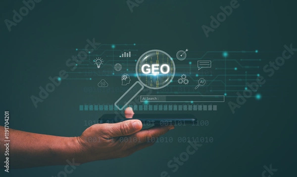 Fototapeta Generative Engine Optimization (GEO) concept. Ai smart search. Businessman use generative engine optimization on smartphone for view search results from internet network.