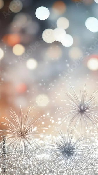 Fototapeta Silver Fireworks Explode Over Glittering Background with Soft Bokeh Lights for Festive Celebration Design