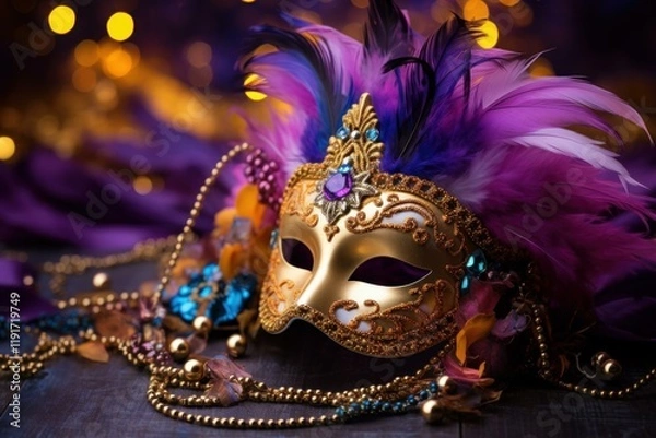 Fototapeta Elegant venetian mask with colorful feathers and jewels evokes the mystery and glamour of carnival celebrations
