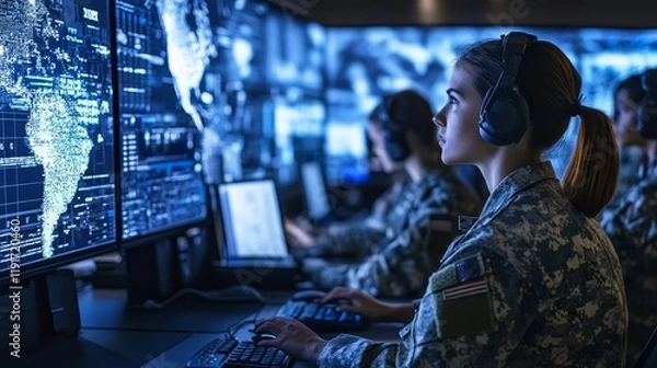 Fototapeta Woman in military uniform focused on computer work, technology in service