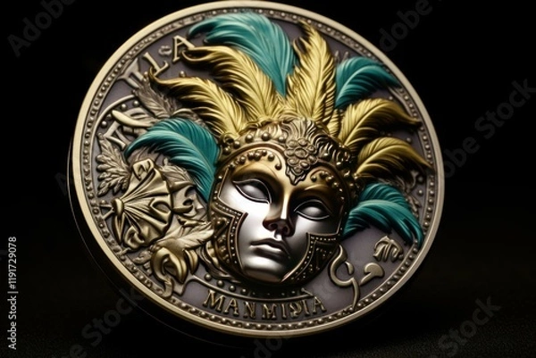 Fototapeta Silver coin showcasing a venetian carnival mask with vibrant feathers, celebrating tradition and artistry