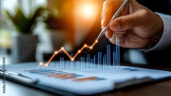 Fototapeta A professional is engaging in a detailed examination of business growth trends, using data visualization tools to analyze performance metrics in a contemporary office environment