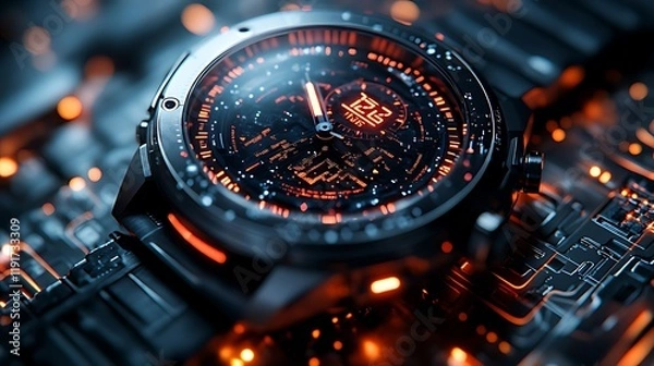 Fototapeta Futuristic watch, digital display, circuit board, glowing, technology