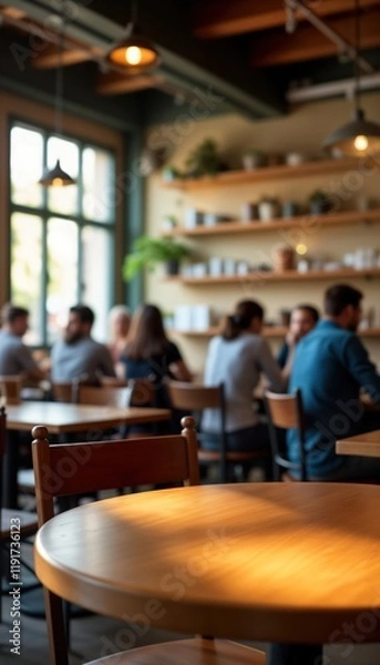 Fototapeta Busy cafe interior with people relaxing, socializing at wooden tables. Sunlight streams through window creating warm lighting. Relaxing, social atmosphere. Customers enjoying time. Ideal for daytime
