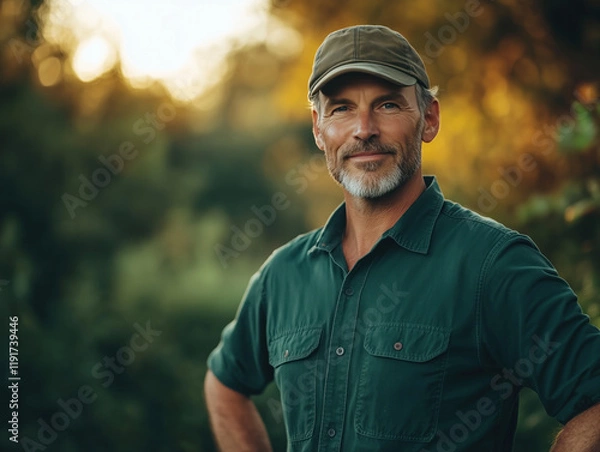 Fototapeta Proud Farmer Exudes Strength and Self-Assurance While Standing Confidently with Hands on Hips.