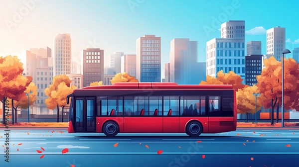 Obraz Illustration of a red bus on a city asphalt road or street, buildings in the background. public transportation vehicle in urban town traffic, tourist transit ride.