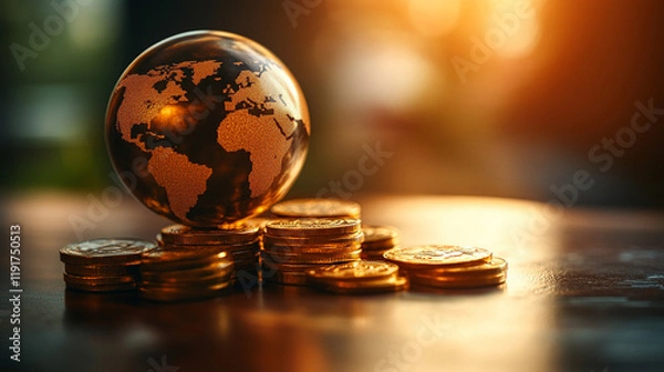 Obraz Modern shiny globe representing the world on sale, golden Earth globe next to modern gold coins, symbolizing success in business, wealth in economy, growth of international finance, and money's influe