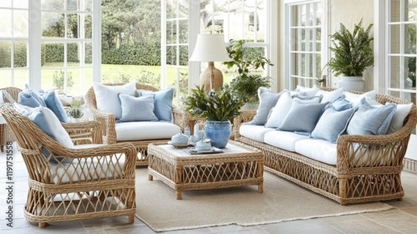 Fototapeta A bright, airy living room with rattan furniture, soft throws, and lots of natural light.