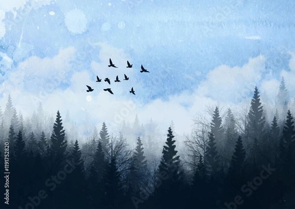 Obraz Watercolour Forest Winter Landscape Scenery