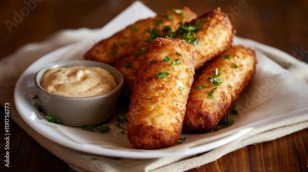 Fototapeta Crispy cheese croquettes served on a white plate with dipping sauce garnished with herbs