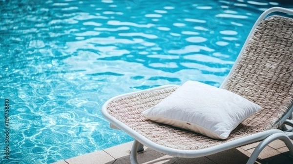 Fototapeta A single pillow lying on a lounge chair by a pool in a sunny outdoor setting.