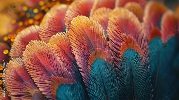 Obraz Close-up of intricate details on a peacock feather, with vibrant colors.