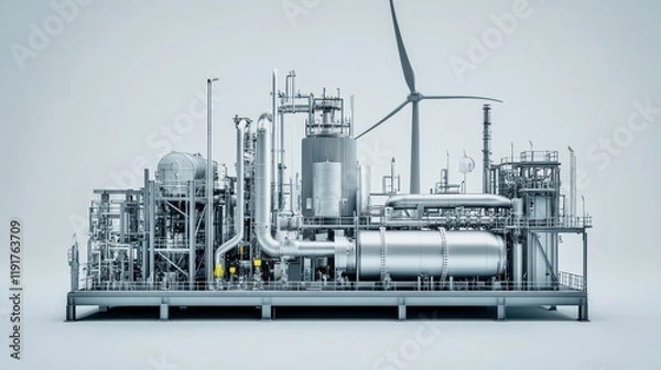 Fototapeta Biofuel processing plant with wind turbines background 
