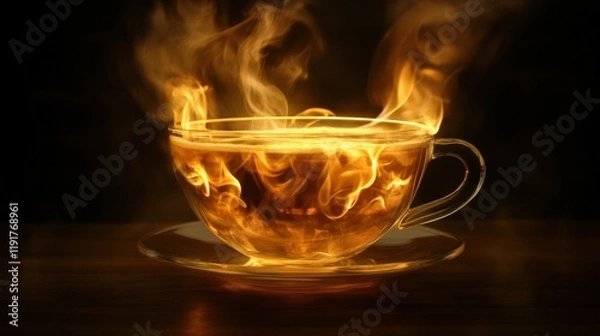 Fototapeta A cup of tea is on a table with steam coming out of it
