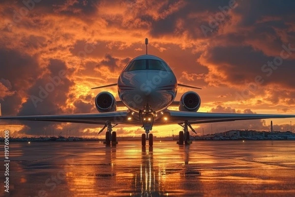 Fototapeta A stunning jet silhouetted against a dramatic sunset on the runway, capturing the essence of travel and luxury in a breathtaking moment at the airport