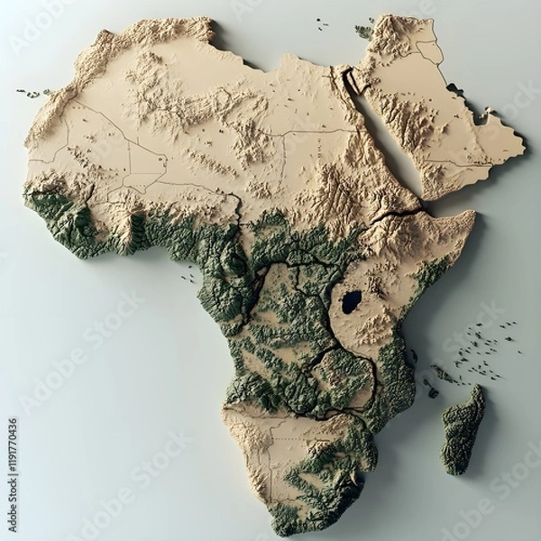 Fototapeta 3D Topographic Map of Africa Highlighting Diverse Landscapes, Elevations, and Geographic Features for Educational and Creative Use