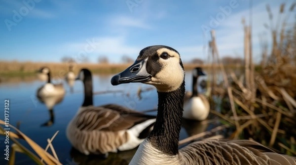 Fototapeta Flock of geese relaxing by the calm waters in a serene landscape on a clear day