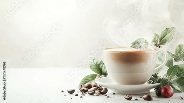 Fototapeta A white coffee cup with a leaf on it sits on a white plate