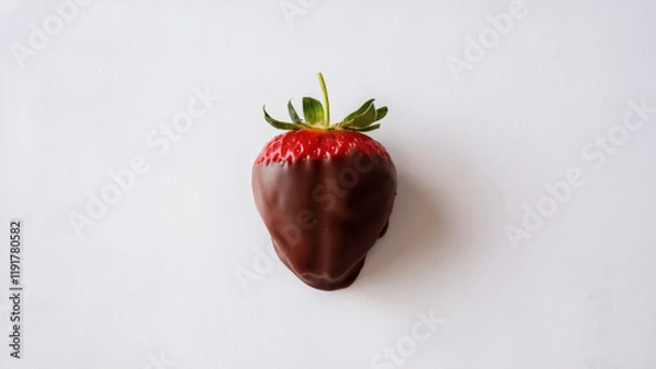Fototapeta Strawberry Chocolate Coated: A simple yet striking photo of a single, glossy strawberry dipped in rich chocolate placed against a clean white background