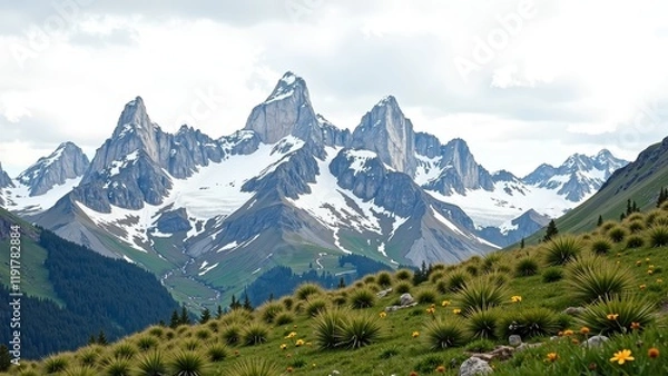 Fototapeta Snow-capped mountain peaks stretch majestically, framed by a vibrant grassy hillside adorned with yucca and tiny yellow blossoms in the foreground.  