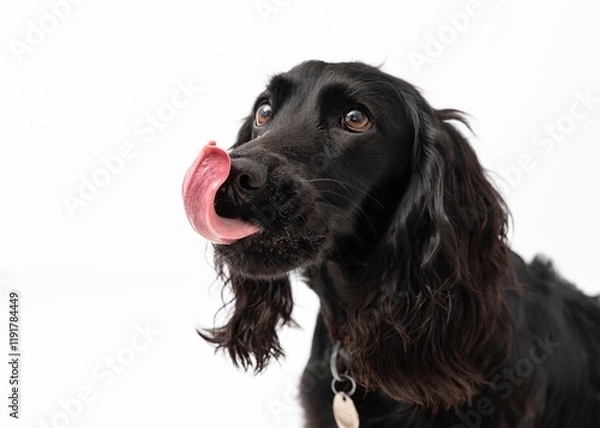 Obraz A black cocker spaniel licking his lips isolated on a white background