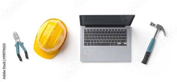 Obraz laptop, helmet and construction tools on isolated background