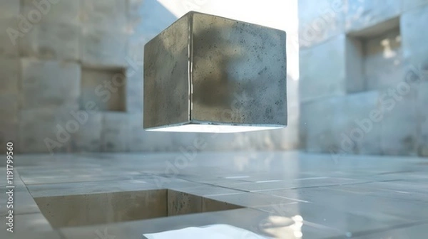 Fototapeta A floating metallic cube in a minimalist, abstract environment with reflective surfaces.