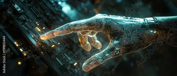 Fototapeta Human hand reaching out to robot finger, AI and machine learning partnership, digital collaboration, tech world innovation, glowing circuits, futuristic technology