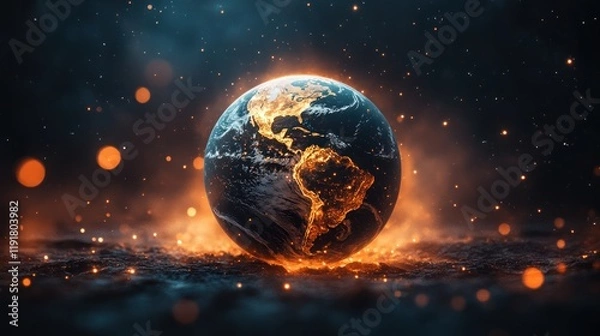 Fototapeta Flaming Earth globe, space, fiery background, climate change concept