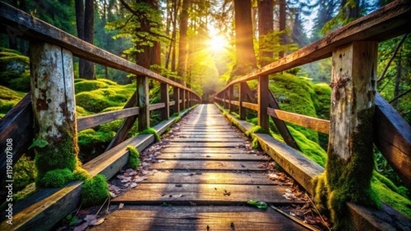 Fototapeta Drone Photography: Close-Up View of Rustic Wooden Bridge on Hiking Trail - Aerial Perspective